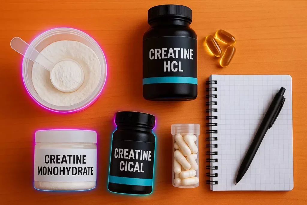 various creatine supplement types on table with notepad for decision-making