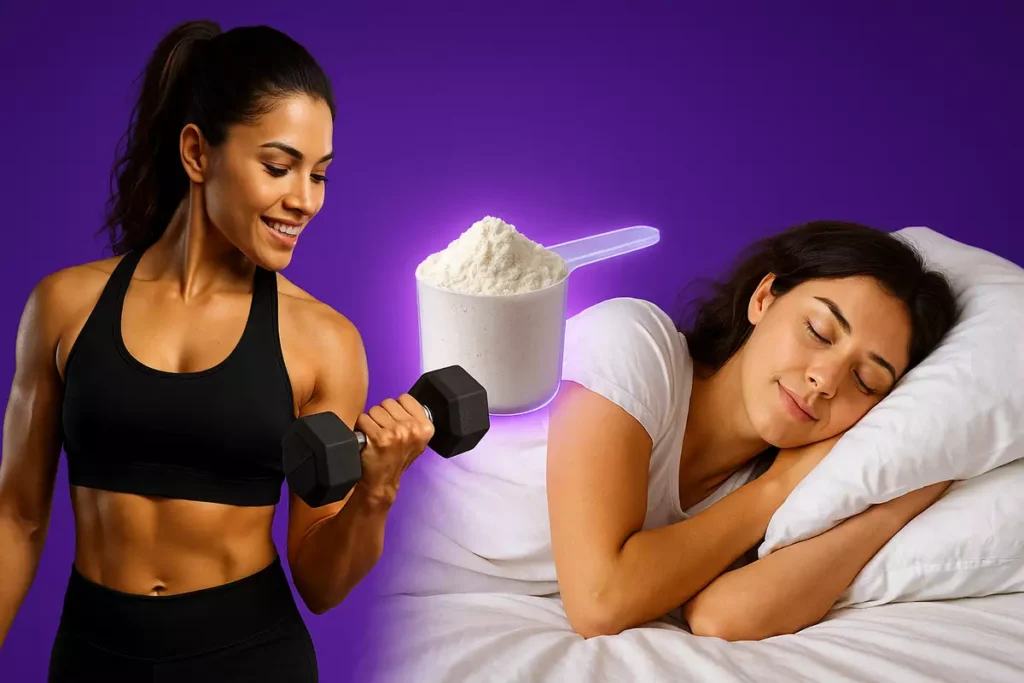 Fitness woman lifting weights and sleeping with casein protein scoop illustrating benefits for women.