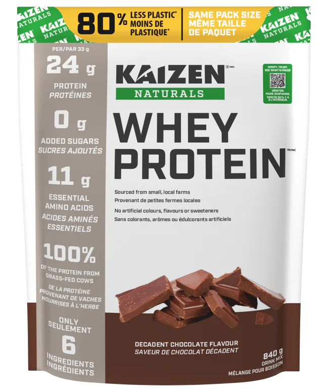 Kaizen Naturals Whey Protein powder bag showing 24g protein per serving, 0g added sugar, grass-fed whey, and chocolate flavour – top protein supplement pick for 2026