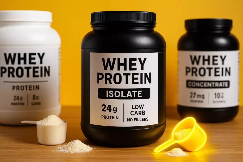 clean whey protein tubs with nutrition labels showing high protein and low carbs for cutting