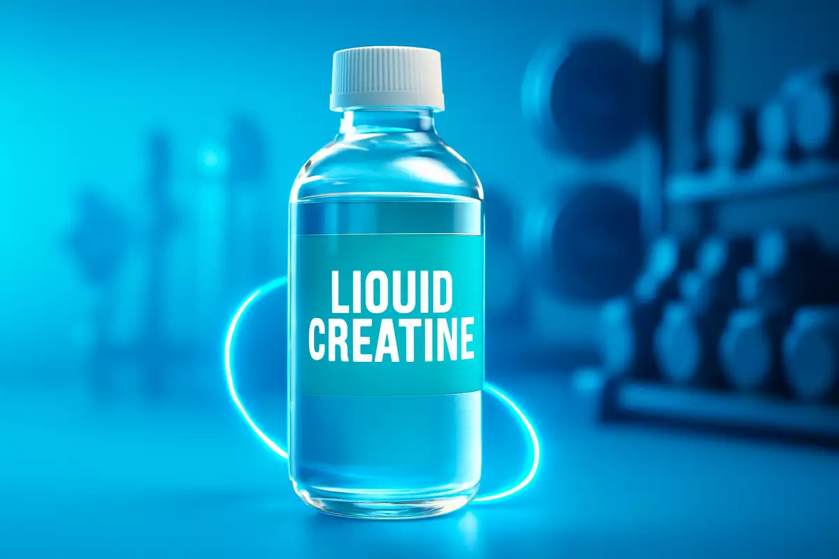 Liquid creatine bottle with gym background and neon effects, asking if it works for muscle growth.