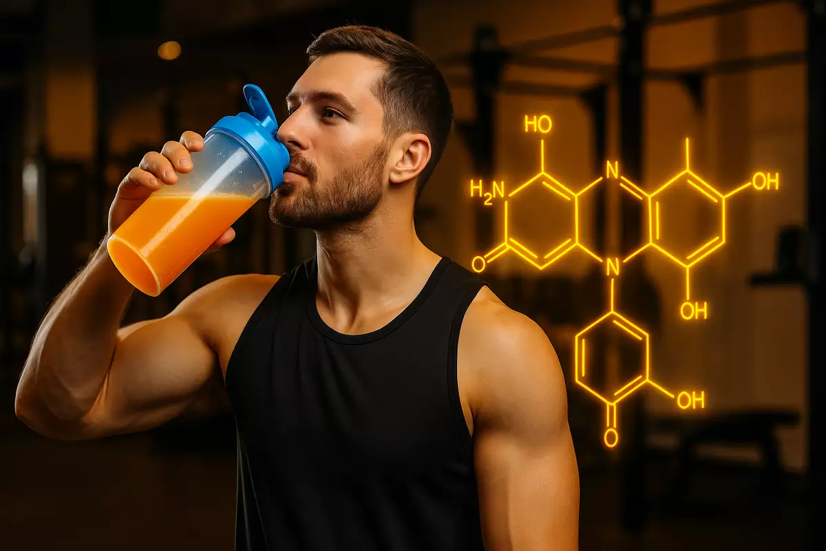 Athlete drinking EAA supplement in gym with amino acid molecular graphic for muscle growth