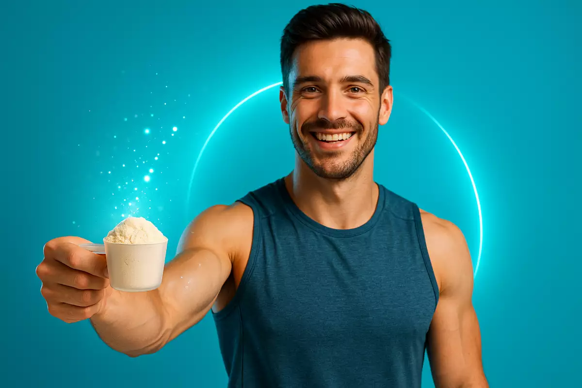 Casein protein scoop with slow-release effect, fitness trainer theme, modern and clean background