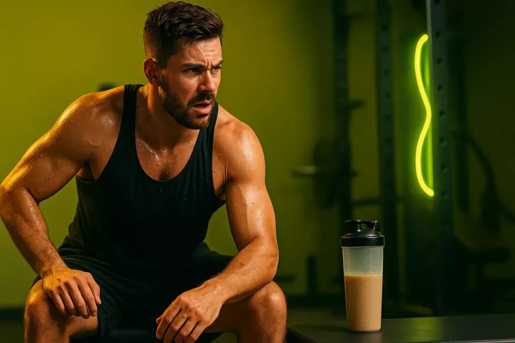 Athlete in intense workout reaching for a mass gainer shake during cutting phase
