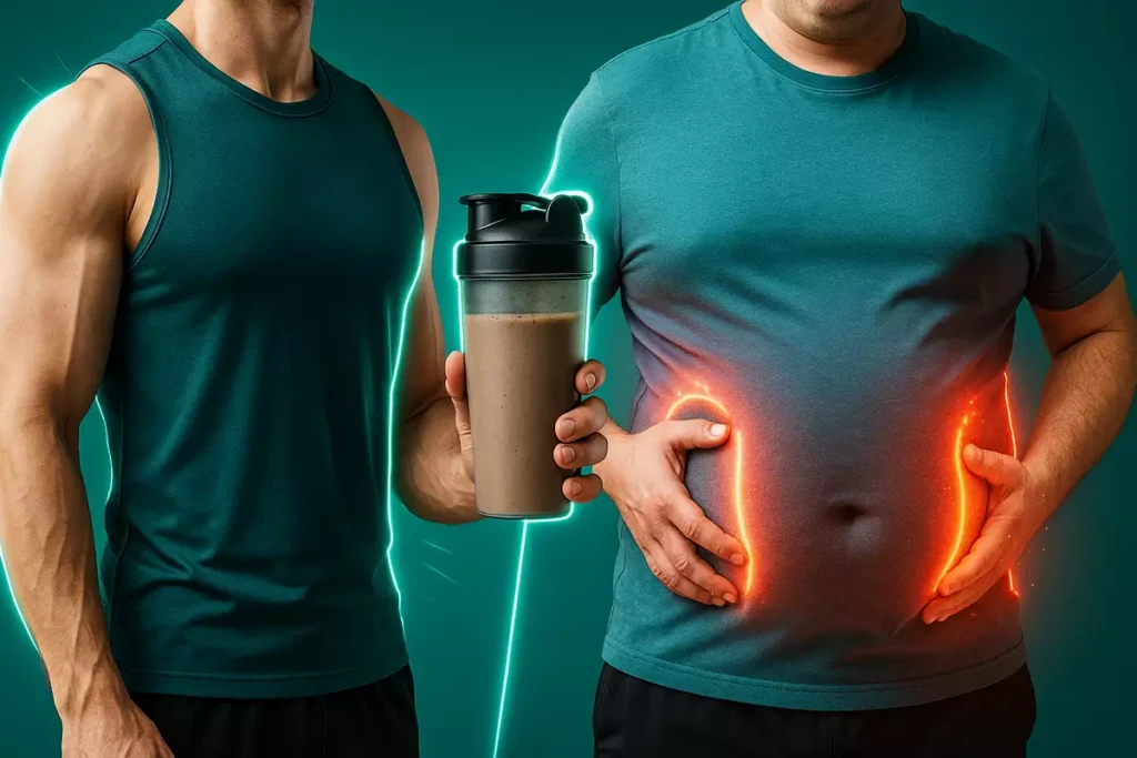 Visual showing risks of daily mass gainer use like fat gain and bloating