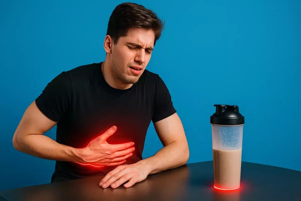 Person with stomach discomfort beside a half-finished mass gainer shake