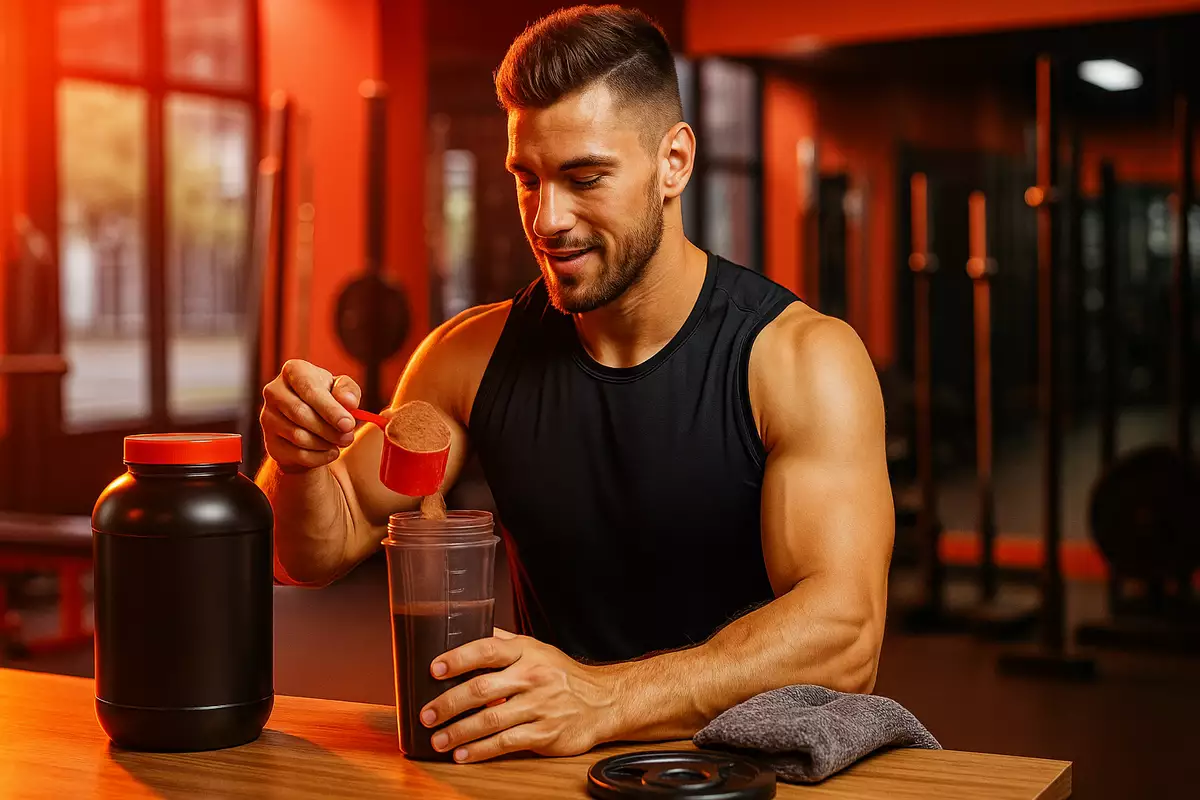 Fitness trainer preparing mass gainer shake after workout for faster recovery and muscle growth.