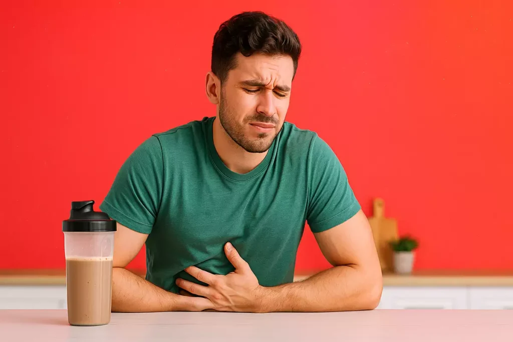 Athlete experiencing stomach discomfort after drinking a large serving of mass gainer.