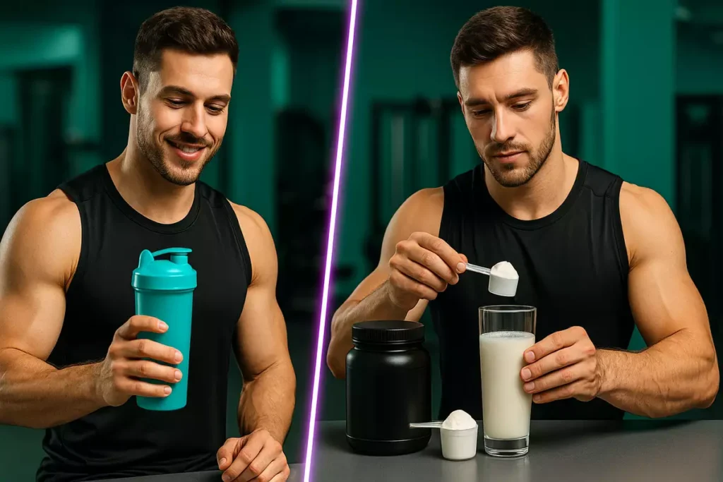 athlete comparing mass gainer shake and creatine powder in gym setting