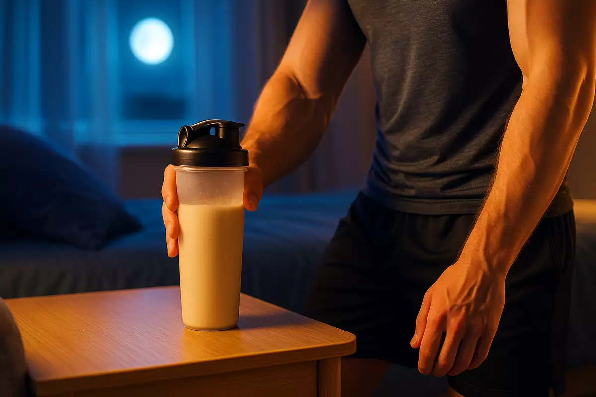 Micellar casein shake on nightstand showing overnight muscle recovery support