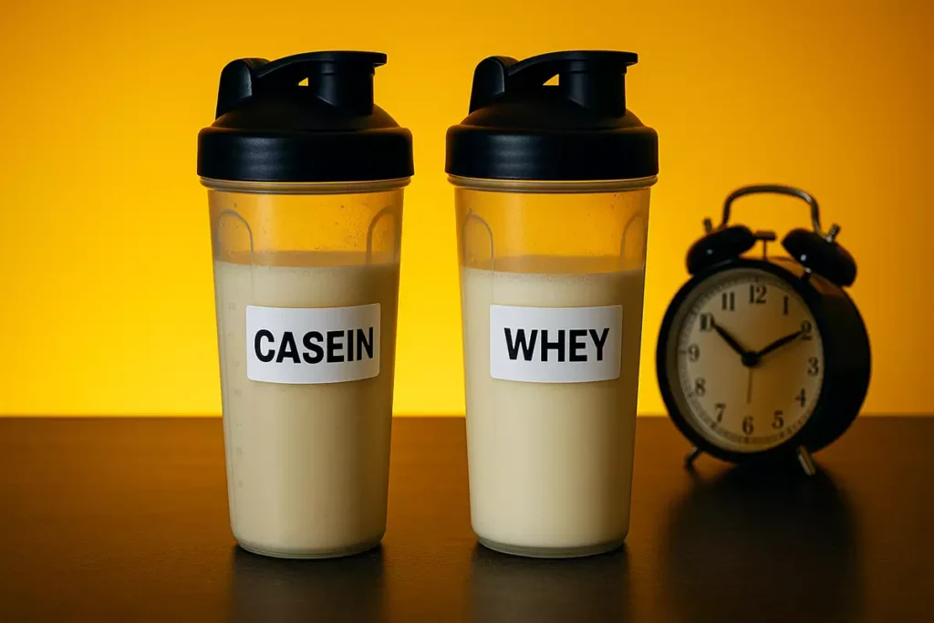 Casein and whey protein shakers with night clock comparison