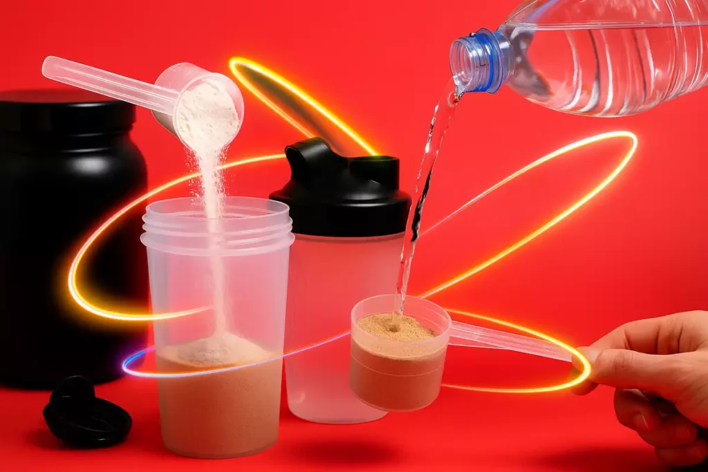 Mixing creatine and protein powder in a shaker with water for smooth blending