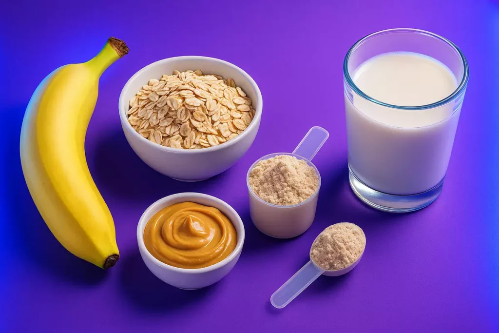Oats, banana, milk, whey protein and peanut butter for teen mass gainer nutrition