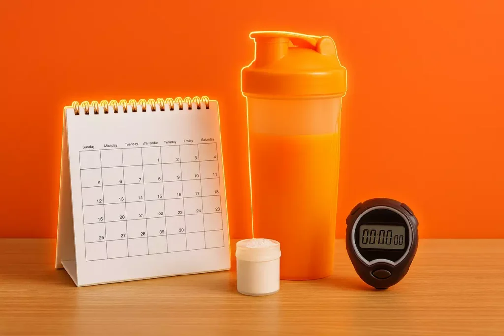 BCAA supplement with calendar and stopwatch representing optimal intake schedule