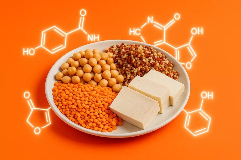 Plant protein foods with amino acid icons showing incomplete protein challenge