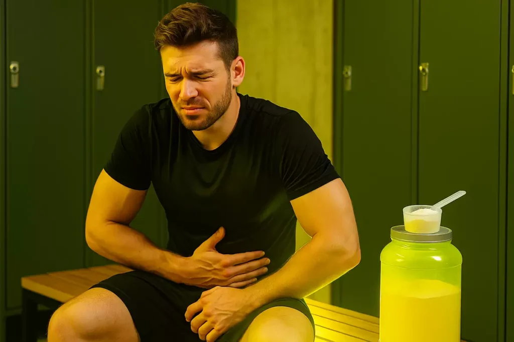 Athlete sitting in locker room holding stomach in discomfort next to EAA supplement container