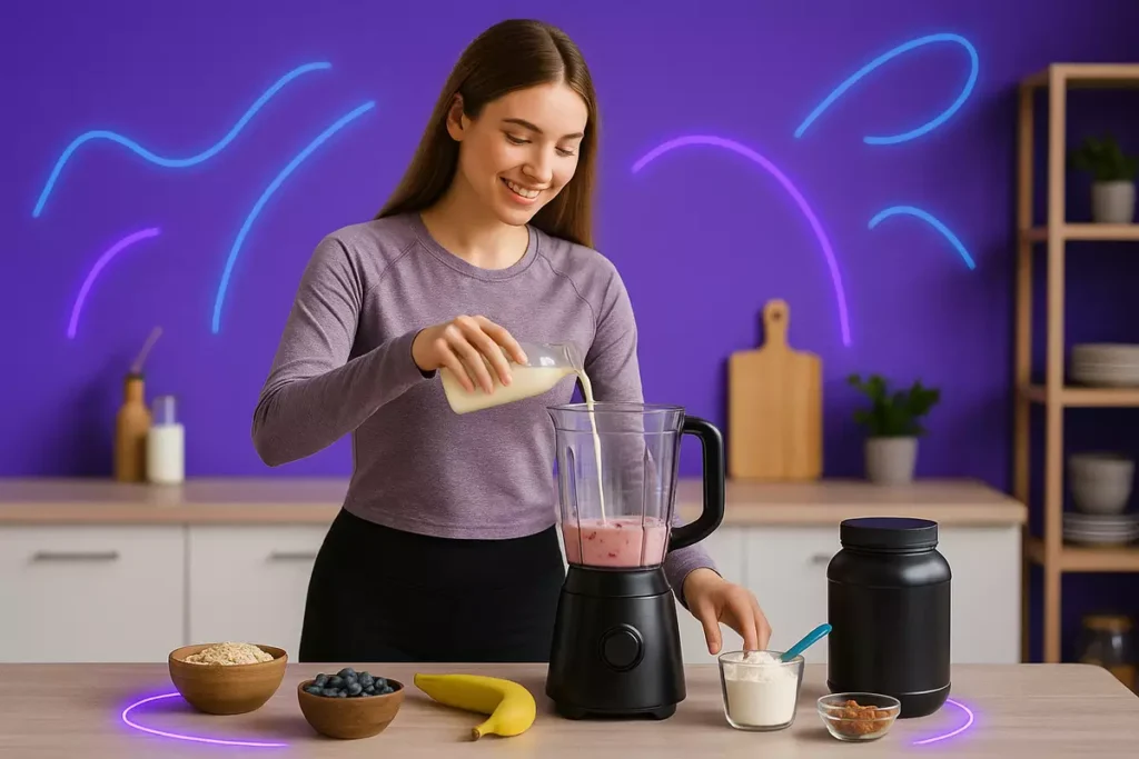 Teen athlete making homemade smoothie with oats, fruits and nuts as alternative to mass gainer