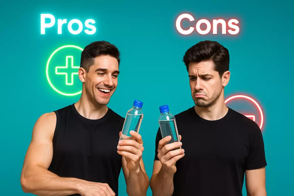 Split image showing happy and disappointed athletes with liquid creatine, highlighting pros and cons
