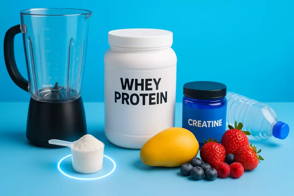 Ingredients for EAA recovery shake including EAAs, whey protein, creatine, fruits, and water