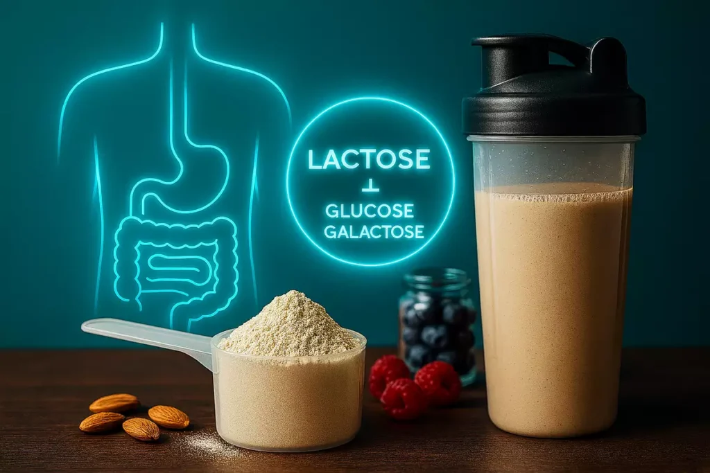 Lactase enzymes breaking down lactose in whey protein for smooth digestion