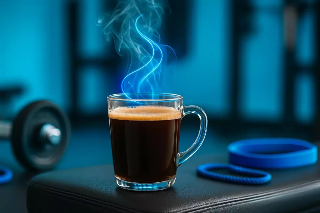 Steaming coffee on gym bench with dumbbells showing caffeine’s metabolic boost
