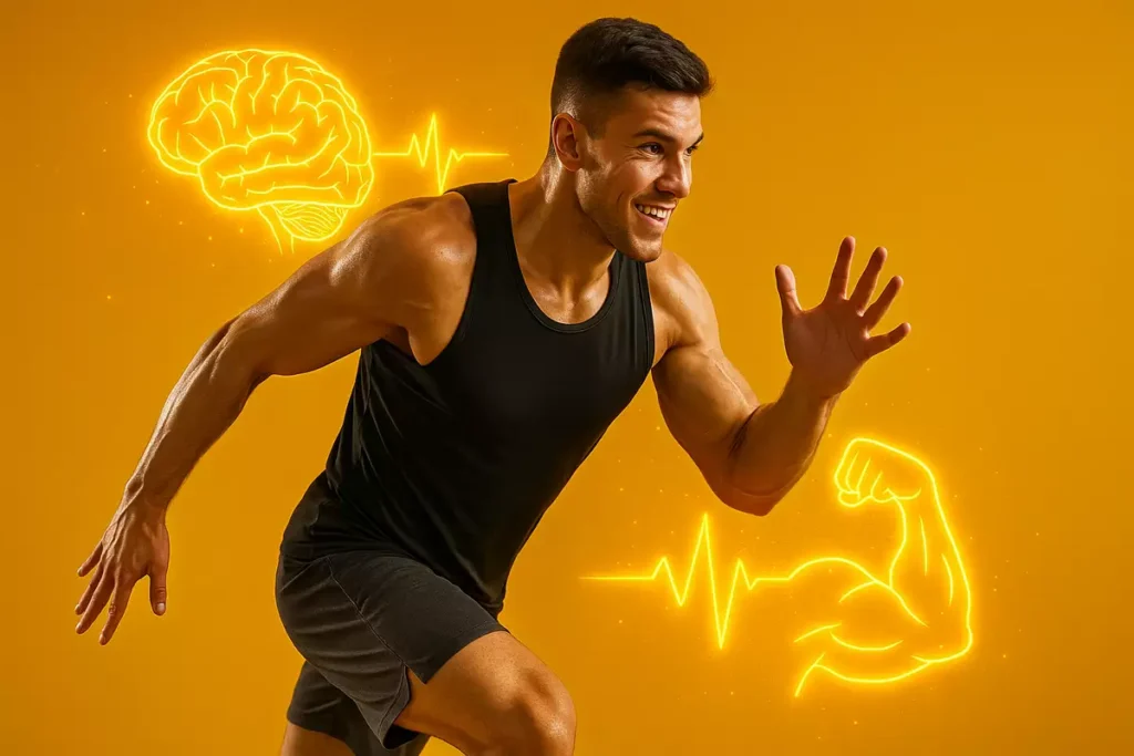 Athlete with brain and muscle activation graphics showing caffeine’s performance effects