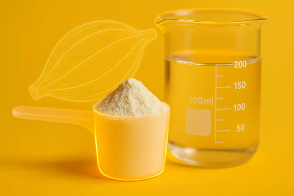 Scoop of leucine powder with lab beaker and muscle fiber graphic showing scientific basis for muscle growth