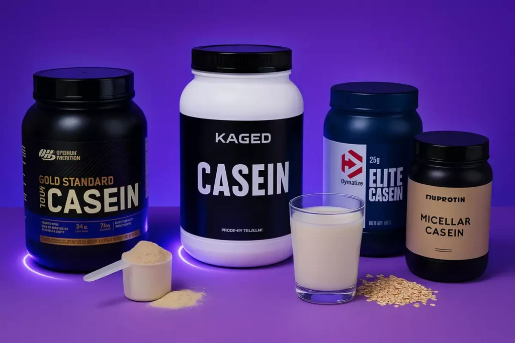 Selection of top casein protein products arranged with scoop, oats, and milk