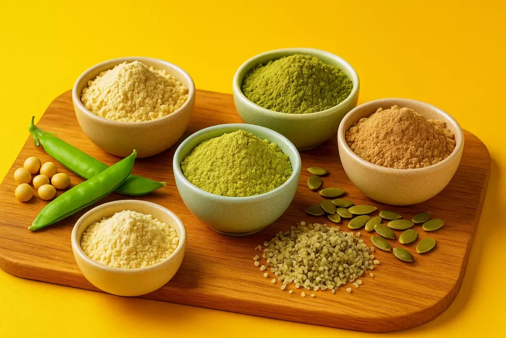 Variety of top plant-based protein powders such as pea, soy, hemp, rice, and pumpkin seed
