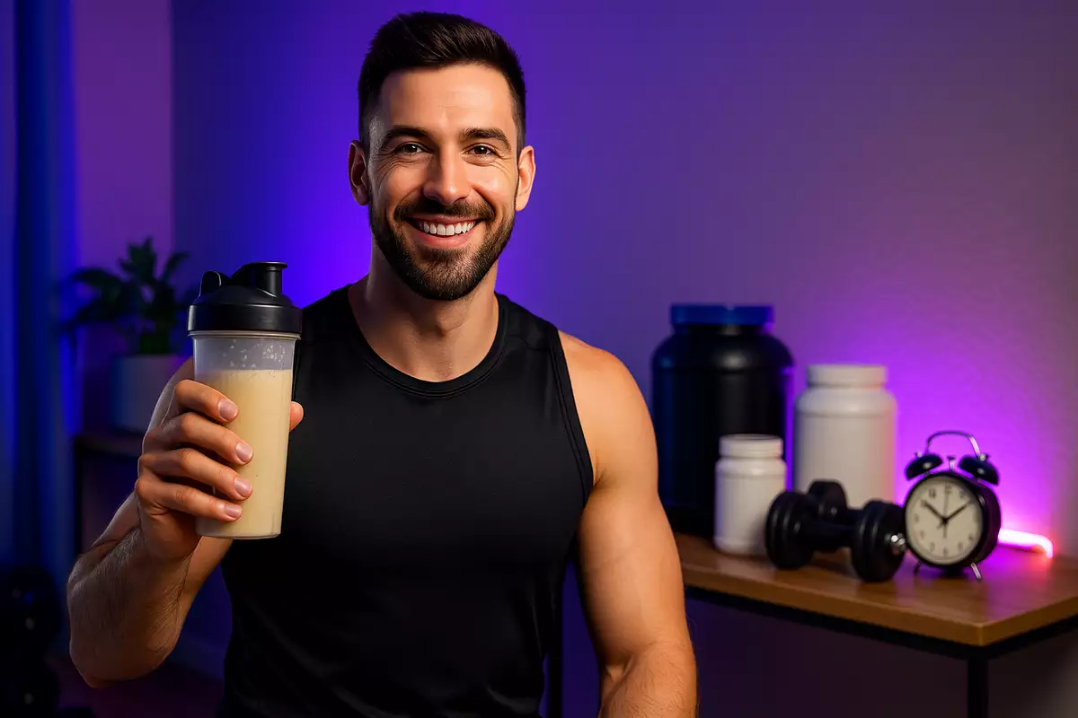 Top rated casein protein for bodybuilding with trainer holding shake in modern fitness setting