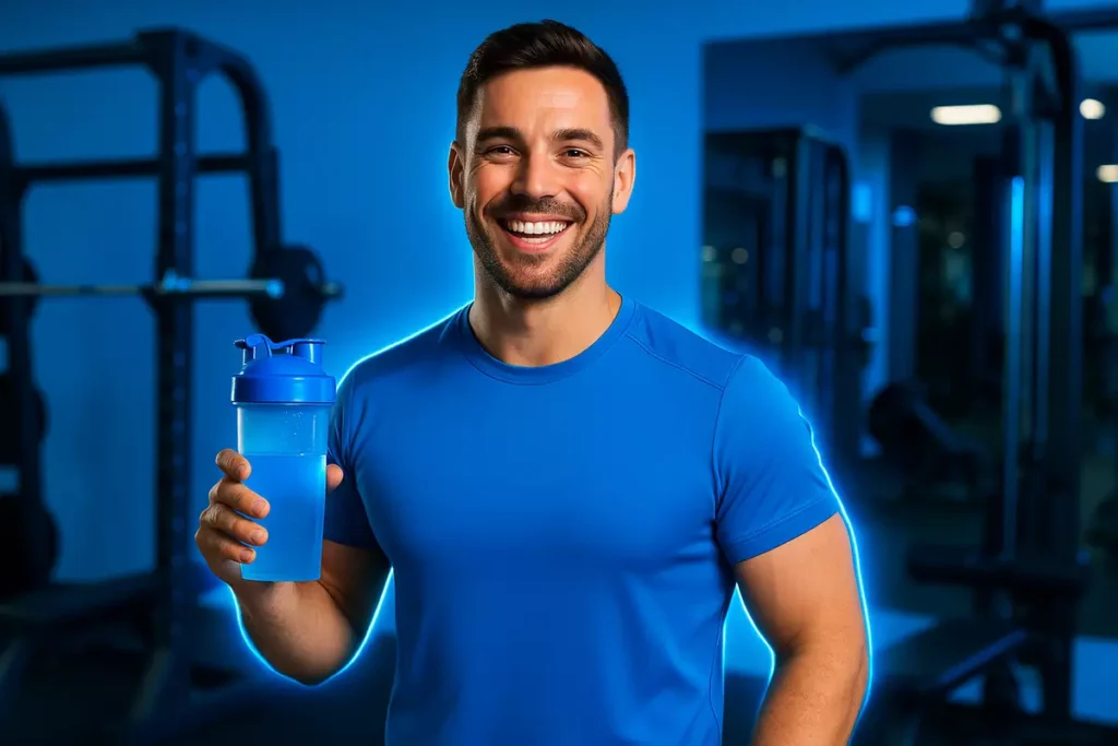 Fitness trainer recommending BCAA supplement with gym shaker in hand