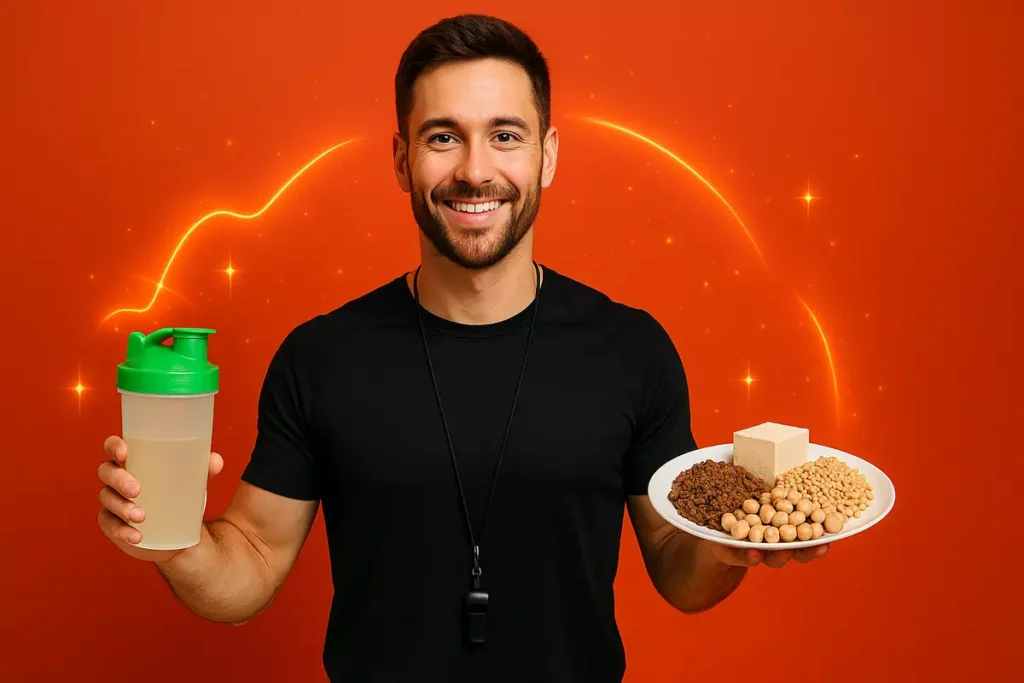 Fitness trainer recommending balance of whole plant foods and EAAs for athletes