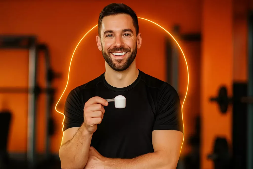 fitness trainer holding creatine scoop in gym giving final recommendations