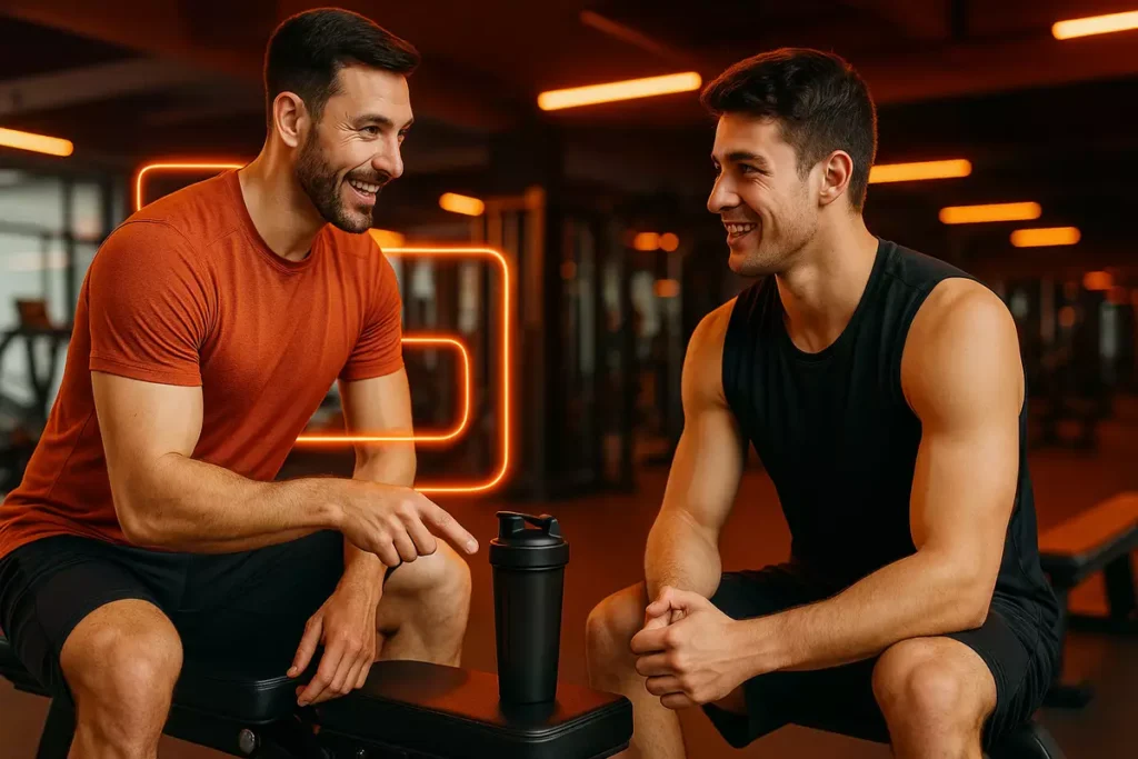 Fitness trainer recommending mass gainer with digestive enzymes to athlete in gym setting