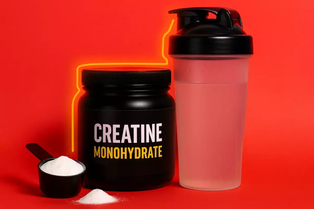 Scoop of creatine monohydrate powder with shaker and natural food sources on table