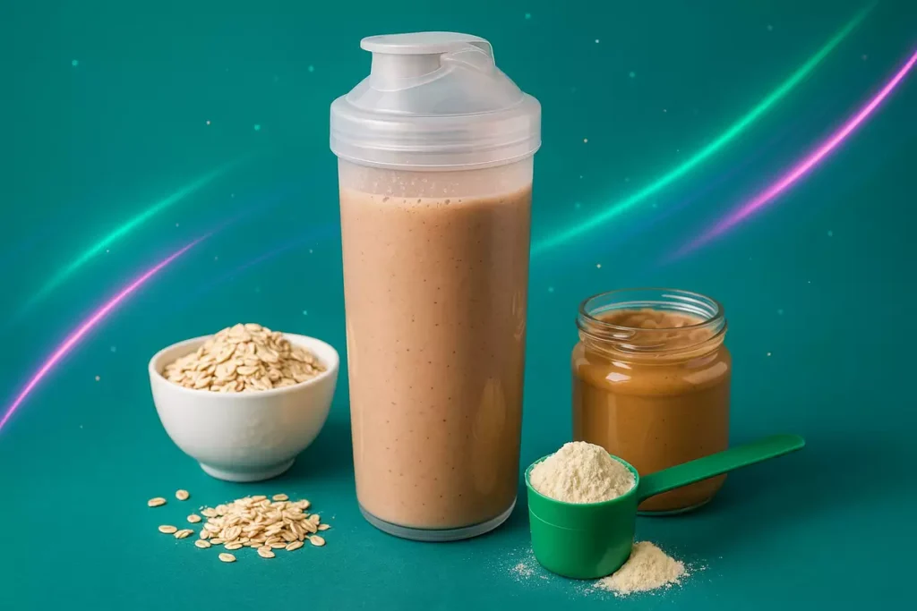 thick mass gainer shake with oats, peanut butter, and protein scoop on kitchen counter