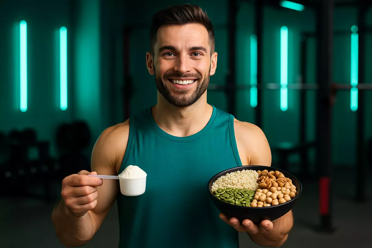 Vegan athlete comparing creatine powder supplement and plant-based food sources in a modern gym setting