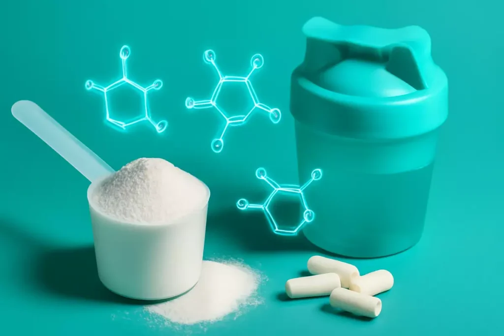 Educational image showing BCAA supplement powder and molecules, representing leucine, isoleucine, and valine