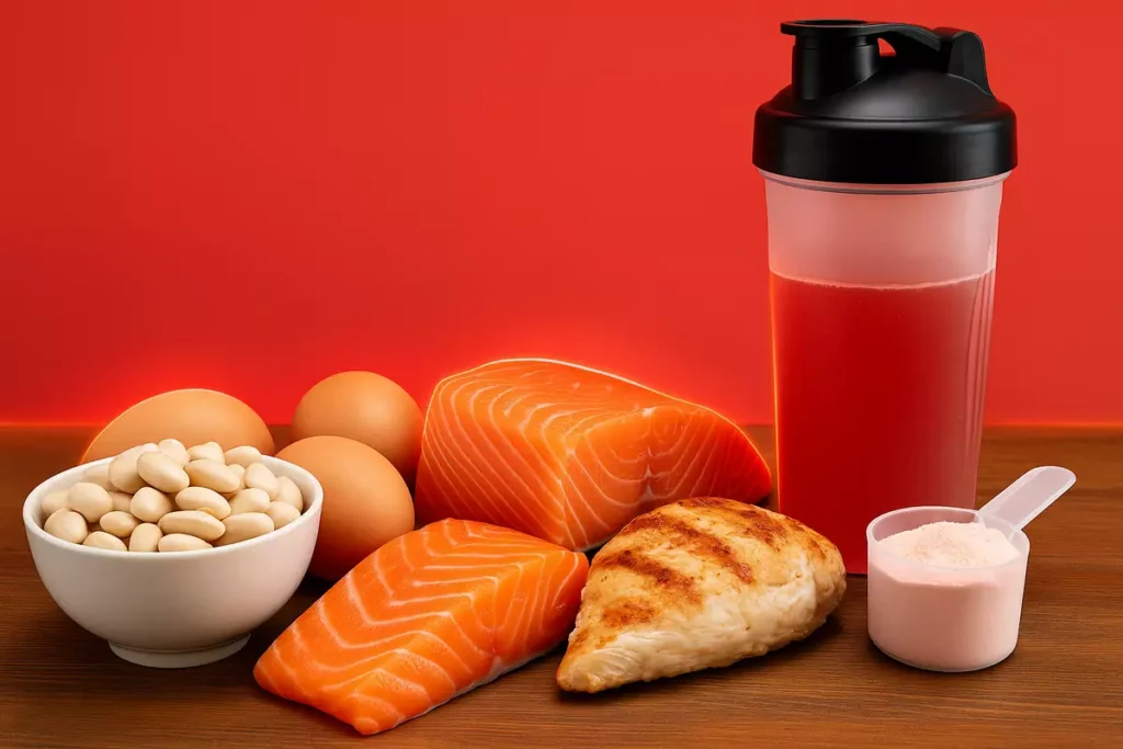 Protein-rich foods and EAA supplement showing why athletes need essential amino acids