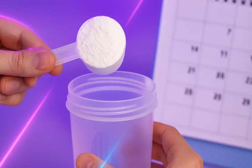 Hand scooping creatine powder into shaker with 7-day loading calendar in background.