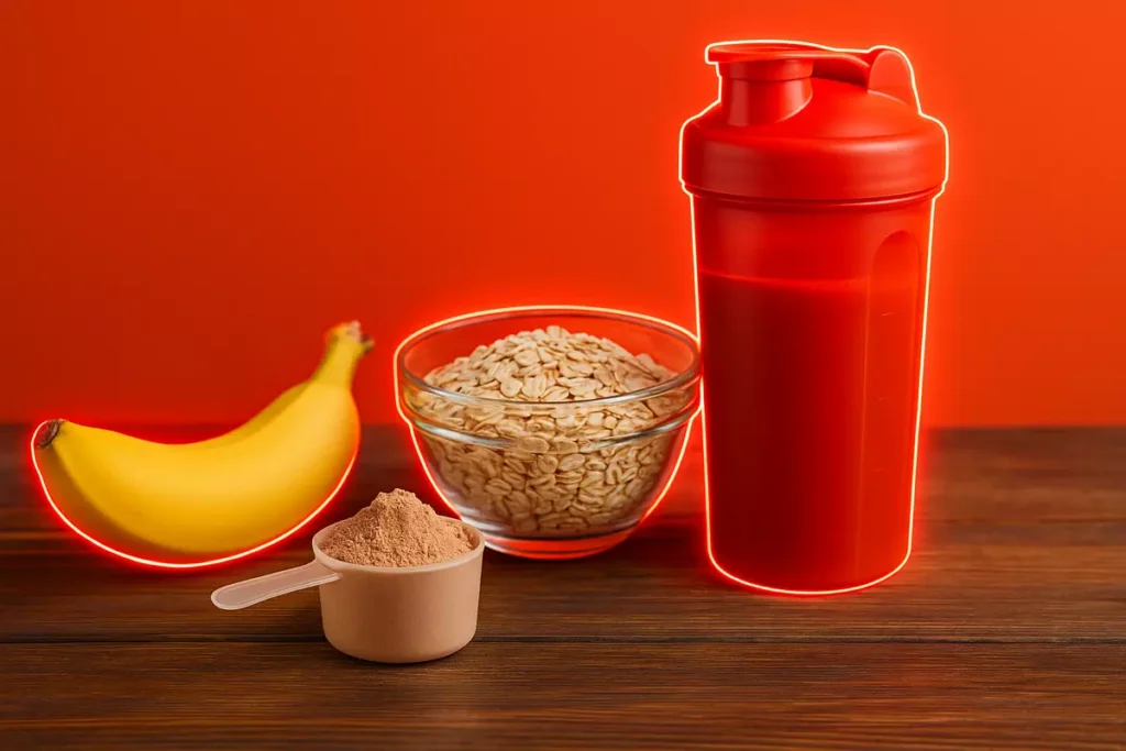 Scoop of mass gainer powder with oats and banana as key ingredients for muscle recovery.