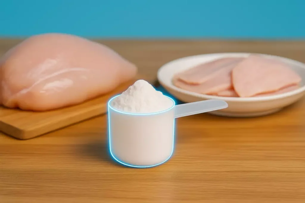 Scoop of beta-alanine powder with chicken and turkey slices showing supplement and food sources