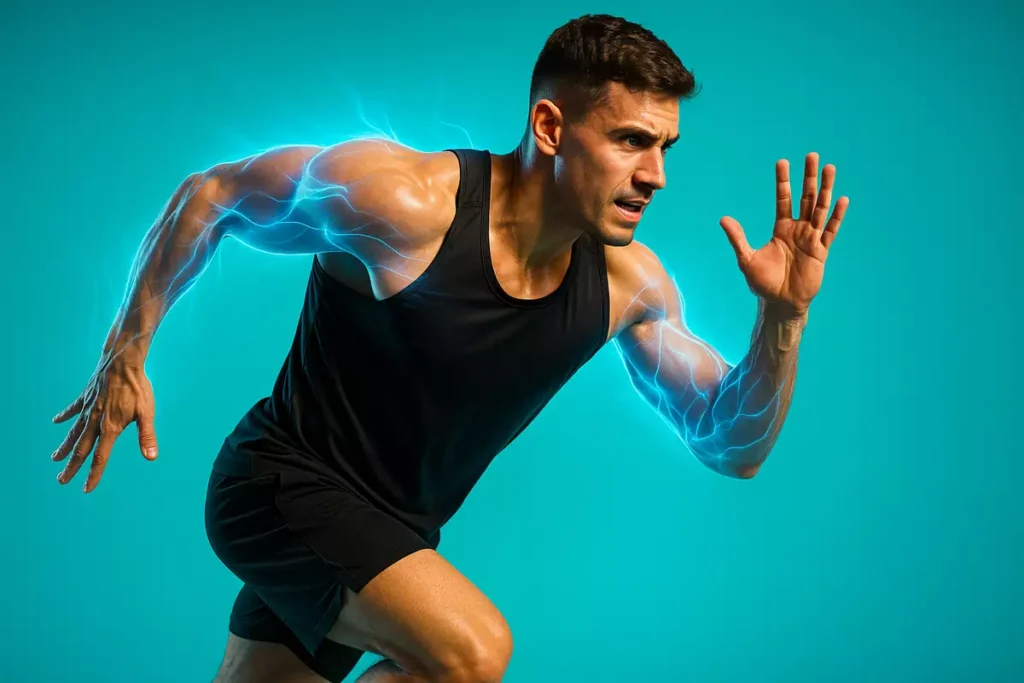 Athlete sprinting with energy effects showing how creatine fuels muscles