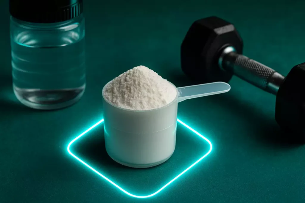 Scoop of creatine monohydrate powder with gym equipment