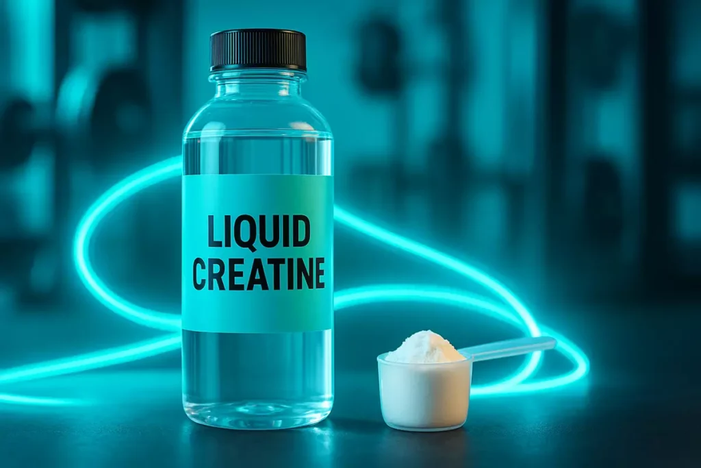 Clear liquid creatine bottle with scoop on table, explaining what liquid creatine is