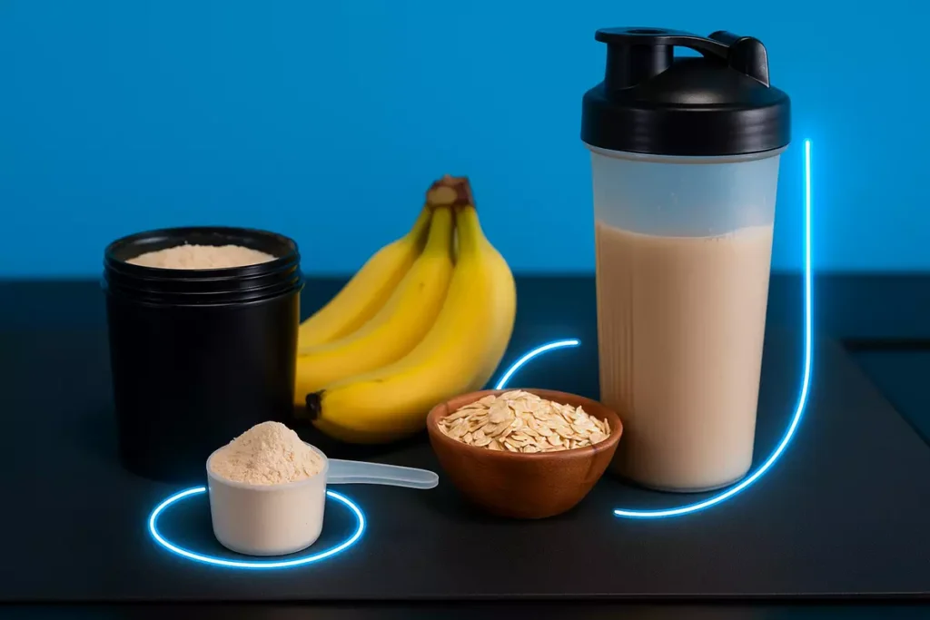 Mass gainer powder with shaker and food ingredients explaining how it works