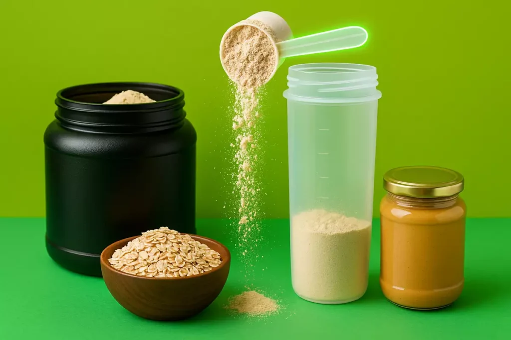Scoop of mass gainer powder with shaker, oats, and peanut butter
