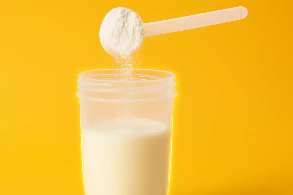 Scoop of micellar casein protein powder being mixed into a shaker