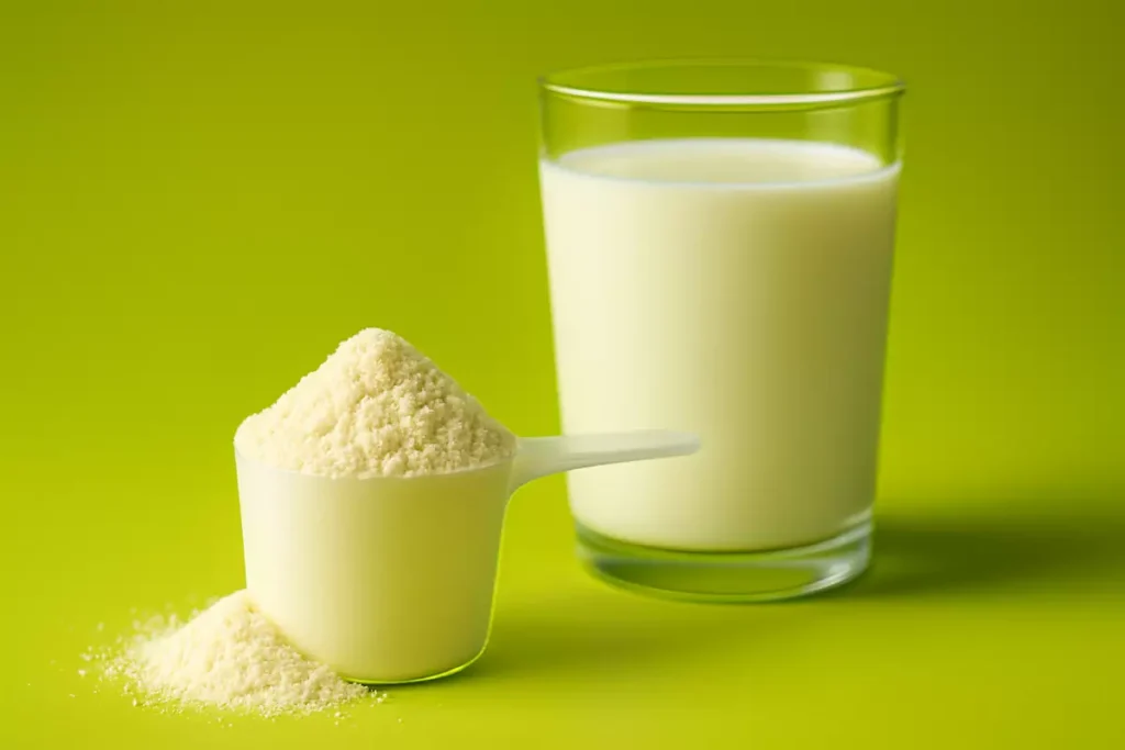 Scoop of whey protein powder with milk showing natural source.