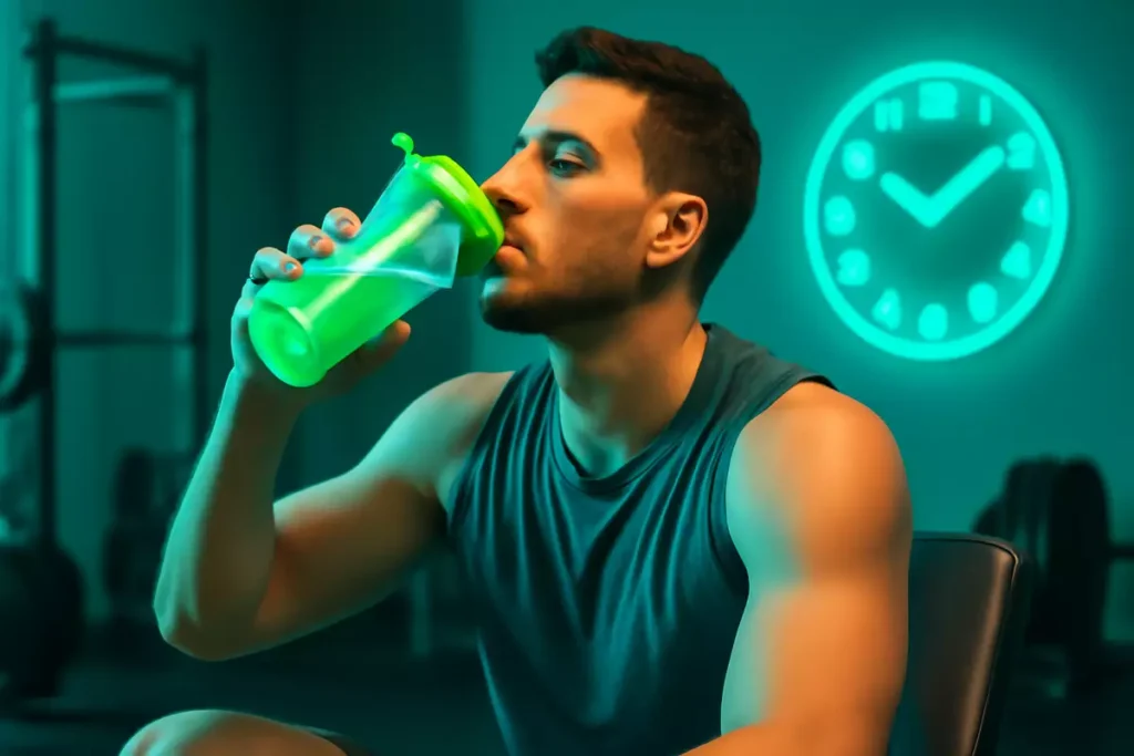 Athlete drinking BCAA shake post-workout with gym timer in background, showing best timing to take BCAAs